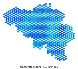 Hexagon Blue Belgium Map. Vector geographic map in blue color tints on a white background. Blue vector collage of Belgium Map created of hexagon items.