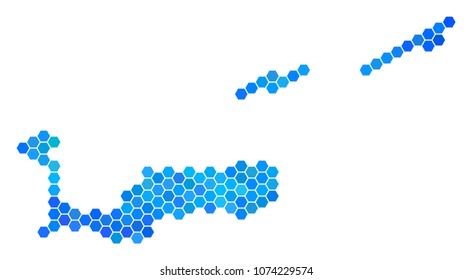 Hexagon Blue Cayman Islands Map. Vector geographic map in blue color hues on a white background. Blue vector composition of Cayman Islands Map made of hexagonal pixels.