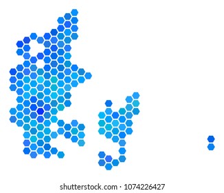 Hexagon Blue Denmark Map. Vector geographic map in blue color tones on a white background. Blue vector concept of Denmark Map designed of hexagon blots.