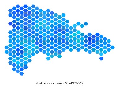 Hexagon Blue Dominican Republic Map. Vector geographic map in cold color hues on a white background. Blue vector pattern of Dominican Republic Map composed of hexagon items.