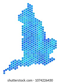 Hexagon Blue England Map. Vector geographic map in blue color tones on a white background. Blue vector mosaic of England Map designed of hexagon spots.