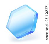 Hexagon blue glass shape. Polygon glossy transparent element isolated on white background. Vector illustration file.
