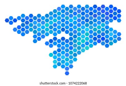 Hexagon Blue Guinea-Bissau Map. Vector geographic map in blue color hues on a white background. Blue vector composition of Guinea-Bissau Map composed of hexagonal pixels.
