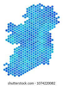 Hexagon Blue Ireland Countries Map. Vector geographic map in blue color tones on a white background. Blue vector collage of Ireland Countries Map constructed of hexagon elements.