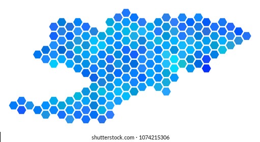 Hexagon Blue Kyrgyzstan Map. Vector geographic map in blue color hues on a white background. Blue vector composition of Kyrgyzstan Map designed of hexagonal pixels.