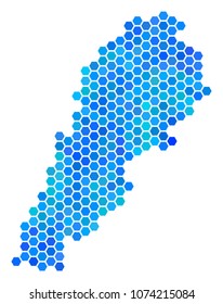 Hexagon Blue Lebanon Map. Vector geographic map in blue color tints on a white background. Blue vector collage of Lebanon Map constructed of hexagon dots.