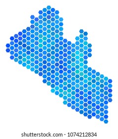 Hexagon Blue Liberia Map. Vector geographic map in cold color hues on a white background. Blue vector mosaic of Liberia Map composed of hexagonal elements.