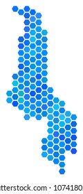 Hexagon Blue Malawi Map. Vector geographic map in blue color variations on a white background. Blue vector collage of Malawi Map made of hexagonal pixels.