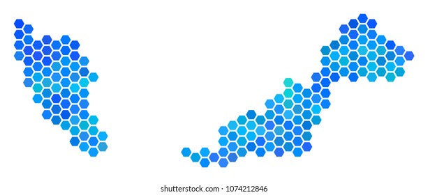 Hexagon Blue Malaysia Map. Vector geographic map in cold color variations on a white background. Blue vector concept of Malaysia Map composed of hexagonal pixels.