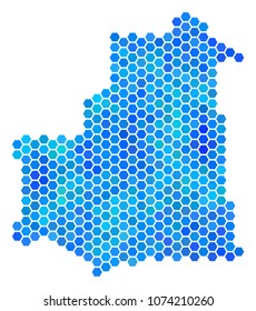 Hexagon Blue Mauritania Map. Vector geographic map in blue color tints on a white background. Blue vector collage of Mauritania Map created of hexagon spots.