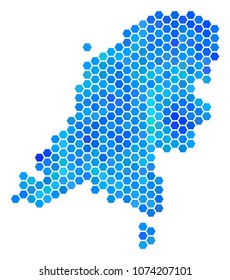 Hexagon Blue Netherlands Map. Vector geographic map in cold color variations on a white background. Blue vector pattern of Netherlands Map designed of hexagon elements.