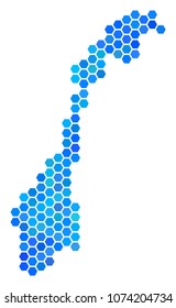 Hexagon Blue Norway Map. Vector geographic map in blue color tinges on a white background. Blue vector collage of Norway Map created of hexagonal elements.