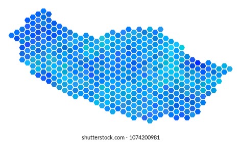 Hexagon Blue Portugal Madeira Island Map. Vector geographic map in blue color tones on a white background. Blue vector concept of Portugal Madeira Island Map organized of hexagonal blots.