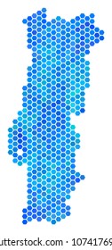 Hexagon Blue Portugal Map. Vector geographic map in blue color tints on a white background. Blue vector composition of Portugal Map constructed of hexagon dots.