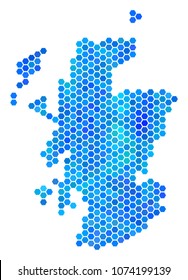 Hexagon Blue Scotland Map. Vector geographic map in blue color hues on a white background. Blue vector pattern of Scotland Map combined of hexagon dots.