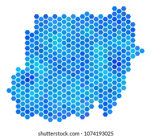 Hexagon Blue Sudan Map. Vector geographic map in cold color shades on a white background. Blue vector concept of Sudan Map made of hexagon items.