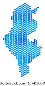 Hexagon Blue Tunisia Map. Vector geographic map in blue color tints on a white background. Blue vector pattern of Tunisia Map composed of hexagon dots.