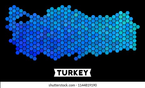 Hexagon Blue Turkey map. Geographic map in blue color tints on a black background. Vector concept of Turkey map designed of hexagon items.