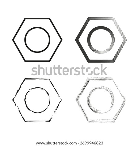 Hexagon bolt elements. Six metal shapes. Industrial screw heads. Vector construction parts.