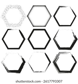 Hexagon border frame. Rough shape geometry. Textured outline figure. Vector grunge pattern.