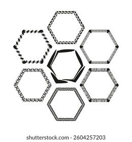Hexagon borders set. Decorative geometric shapes. Stylish black outlines. Elegant vector symbols.