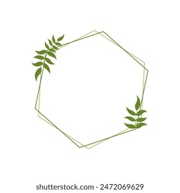 Hexagon botanical frame with leaves. Minimalist decorative foliage borders isolated vector illustration.