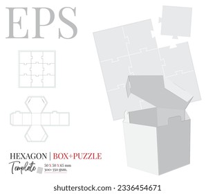 Hexagon box and puzzle die cut template, vector. Box in a shape of a hexagon, illustration. White clear blank hexagon box mock up isolated on white background. Packaging design