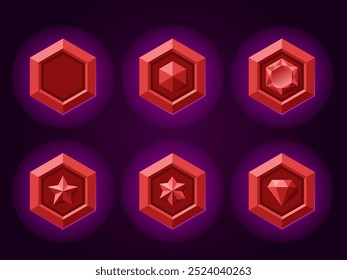 Hexagon bronze magic badges set for games. Cooper vector rank emblems. Metallic style. Diamond, gemstone, star objects.