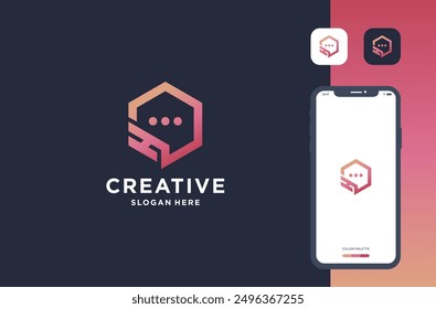 hexagon bubble chat with letter h logo design
