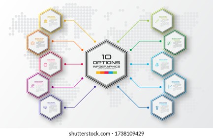 Hexagon business infographics template with 10 options in white color background