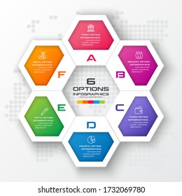 Hexagon business infographics template with 6 options in white color background