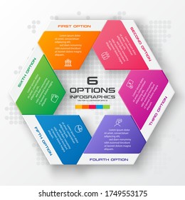 Hexagon business infographics template with 6 options in white color background