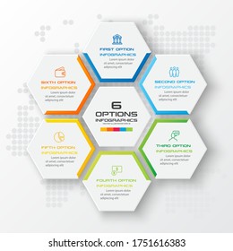 Plantilla de infografía de Hexagon Business con 6 opciones en color blanco