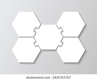 Hexagon business presentation infographic. Business presentation for infographics. Jigsaw puzzle info graphic with 5 pieces, steps, parts of process diagram. Puzzle grid. Vector