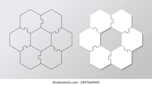 Hexagon business presentation infographic. Jigsaw puzzle info graphic with 6 pieces. Puzzle hexagonal grid white and outline. Business presentation for infographics. Vector illustration