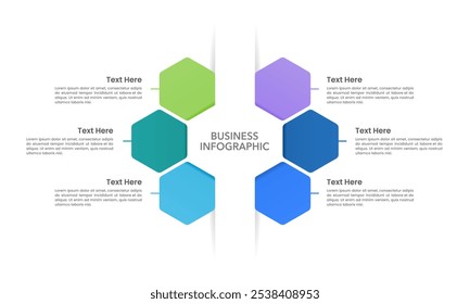 Hexágono processo de negócios infográfico 6 passos. Apresentação, marketing, planejamento e estratégia de negócios. Ilustração de vetor.