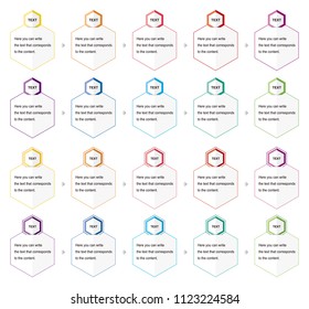Hexagon button icon and a banner for writing text.Icon for Banner.Multiple colored button icons and multI-color hexagon banners with edges between cut paper.
