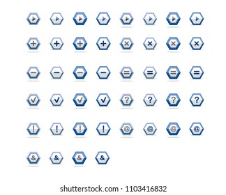 Hexagon button icon in half-folded form.Blue hexagon button icon with multiple symbols.