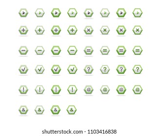 Hexagon button icon in half-folded form.Green hexagon button icon with multiple symbols.