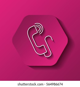 hexagon button with telephone handset icon over pink background. colorful design. vector illustration