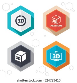 Hexagon buttons. 3d tv technology icons. Printer, rotation arrow sign symbols. Print cube. Labels with shadow. Vector