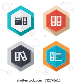 Hexagon buttons. Accounting icons. Document storage in folders sign symbols. Labels with shadow. Vector