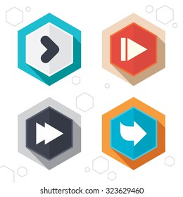 Hexagon buttons. Arrow icons. Next navigation arrowhead signs. Direction symbols. Labels with shadow. Vector