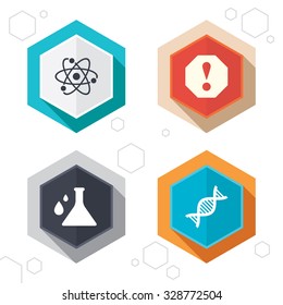 Hexagon buttons. Attention and DNA icons. Chemistry flask sign. Atom symbol. Labels with shadow. Vector