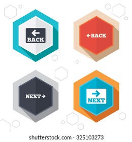 Hexagon buttons. Back and next navigation signs. Arrow direction icons. Labels with shadow. Vector