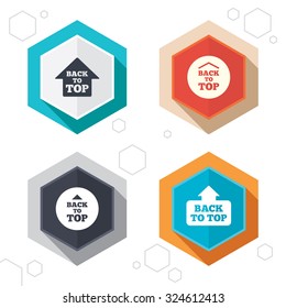 Hexagon buttons. Back to top icons. Scroll up with arrow sign symbols. Labels with shadow. Vector
