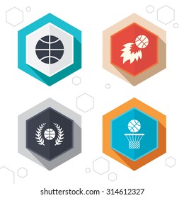 Hexagon buttons. Basketball sport icons. Ball with basket and fireball signs. Laurel wreath symbol. Labels with shadow. Vector