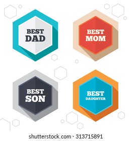 Hexagon buttons. Best mom and dad, son and daughter icons. Award symbols. Labels with shadow. Vector