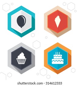 Hexagon buttons. Birthday party icons. Cake with ice cream signs. Air balloon symbol. Labels with shadow. Vector