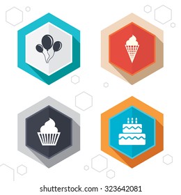 Hexagon buttons. Birthday party icons. Cake with ice cream signs. Air balloons with rope symbol. Labels with shadow. Vector